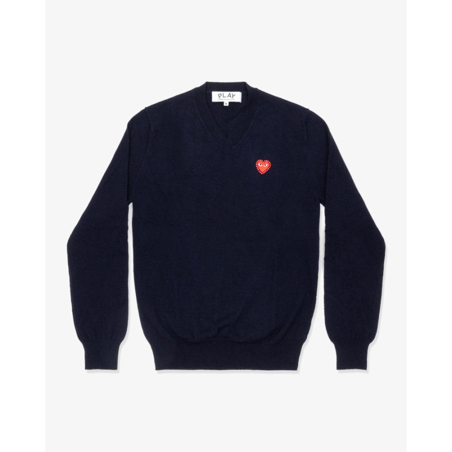 꼼데가르송 PLAY CDG 브이넥 니트 라인스톤 레드와펜 남녀공용 5컬러 AX-N801-051