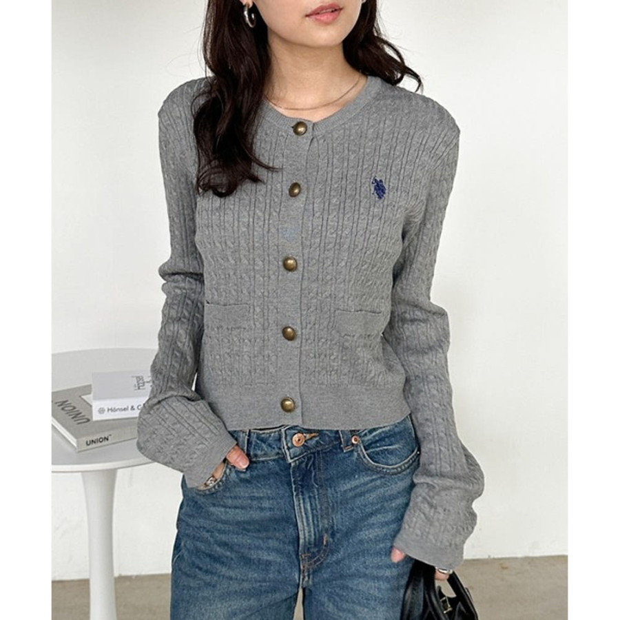 U.S. POLO ASSN. 유에스폴로에센 골드 버튼 자수 케이블 니트 가디건 4컬러 720650