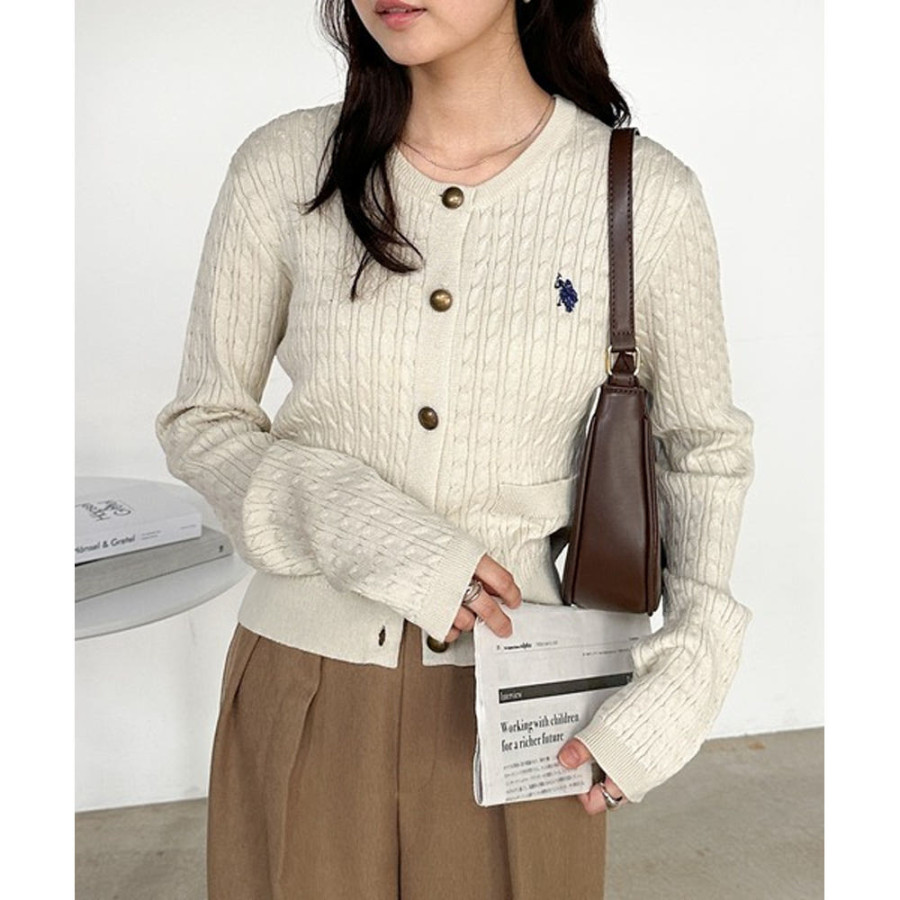 U.S. POLO ASSN. 유에스폴로에센 골드 버튼 자수 케이블 니트 가디건 4컬러 720650