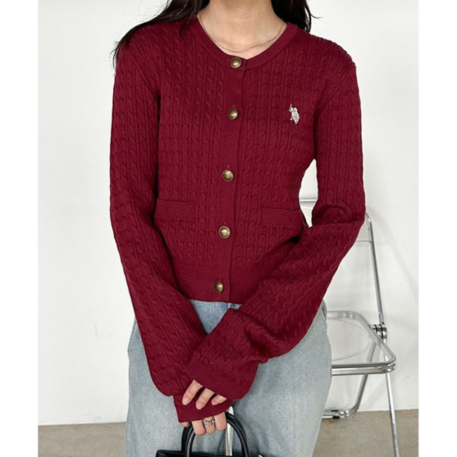 U.S. POLO ASSN. 유에스폴로에센 골드 버튼 자수 케이블 니트 가디건 4컬러 720650