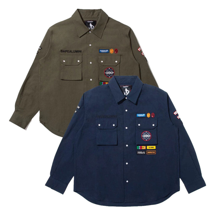 베이프 BY 쿠라이시 카즈키 멀티 패치 밀리터리 LS 셔츠 올리브 드라브 1L83131901