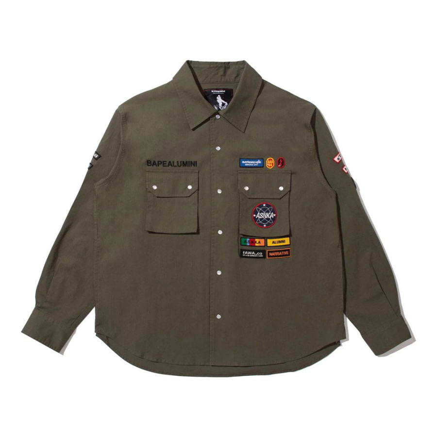 베이프 BY 쿠라이시 카즈키 멀티 패치 밀리터리 LS 셔츠 올리브 드라브 1L83131901