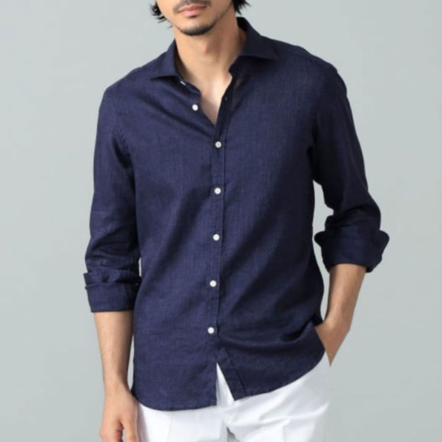 빔즈 Brilla per il gusto 린넨 내추럴 스트레치 와이드 카라 셔츠 네이비 24-11-0747-306
