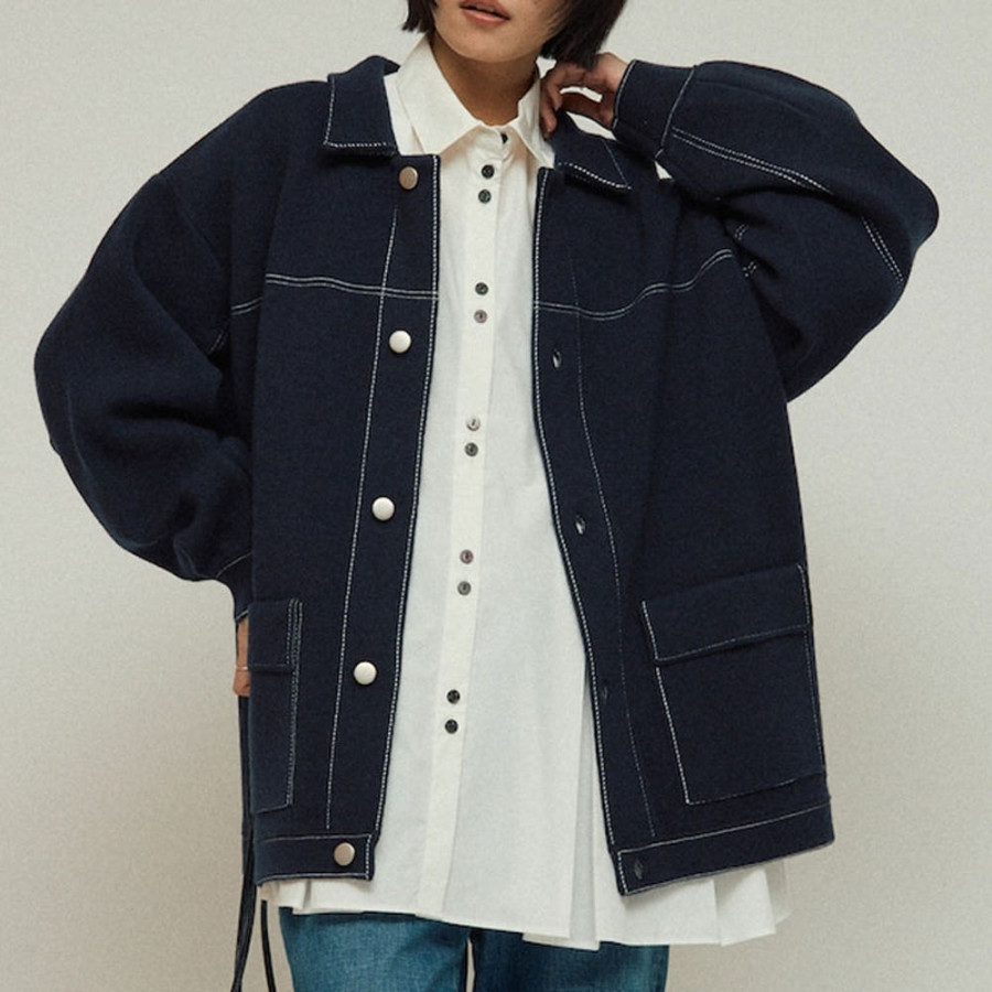 퍼스트핸드 오버사이즈 울 혼방 니트 커버올 배색 스티치 니트 자켓 3컬러 3432234400021