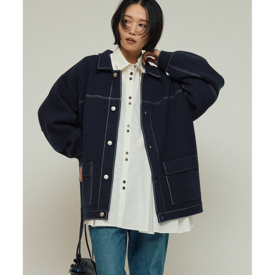 퍼스트핸드 오버사이즈 울 혼방 니트 커버올 배색 스티치 니트 자켓 3컬러 3432234400021